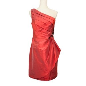 Kay Unger Cocktail Dress One Shoulder Coral Shantung Silk Jewel Embellishment 8